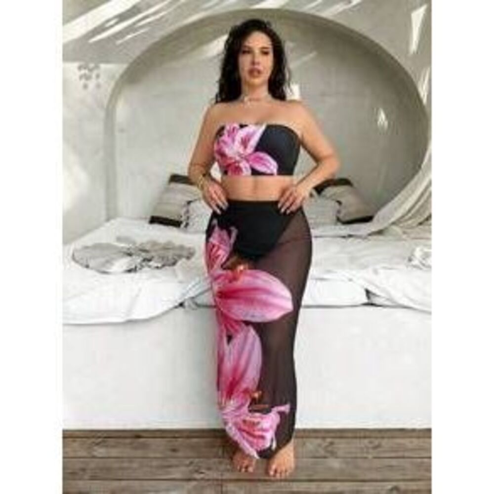 Swim Lushoire 3-Piece Plus Size Swimwear Set With Leopard Print & Tropical Flor…